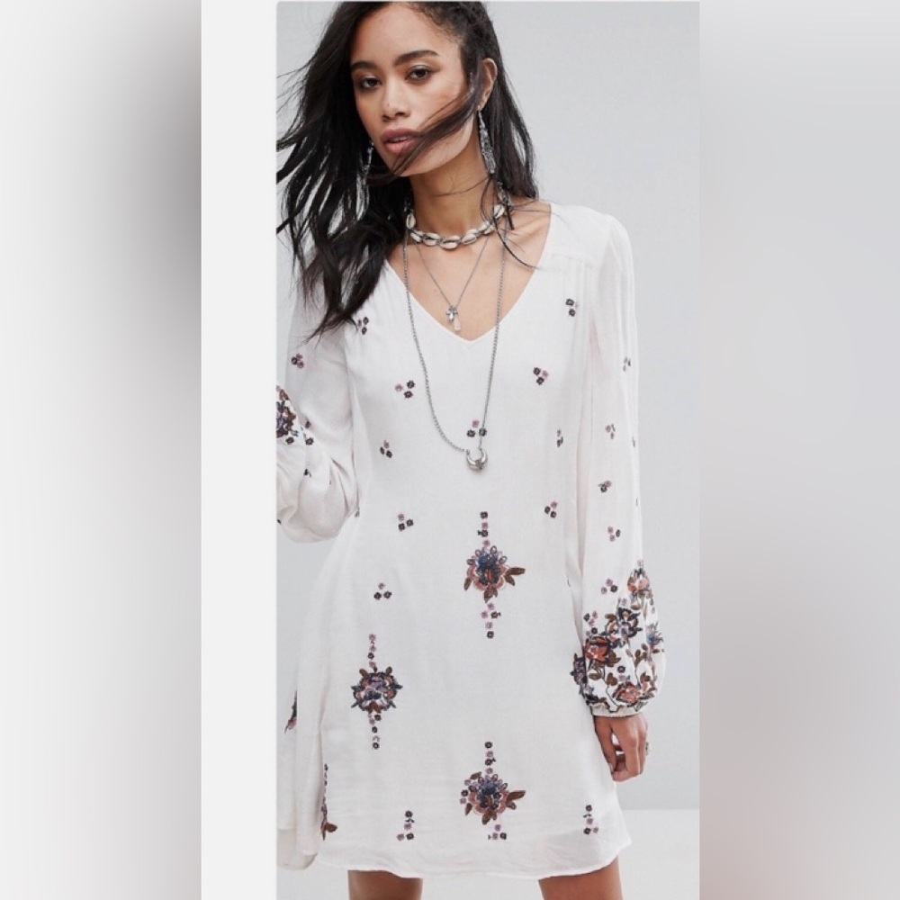 FREE PEOPLE Oxford Embroidered Mini Dress Ivory White Floral Boho Size S